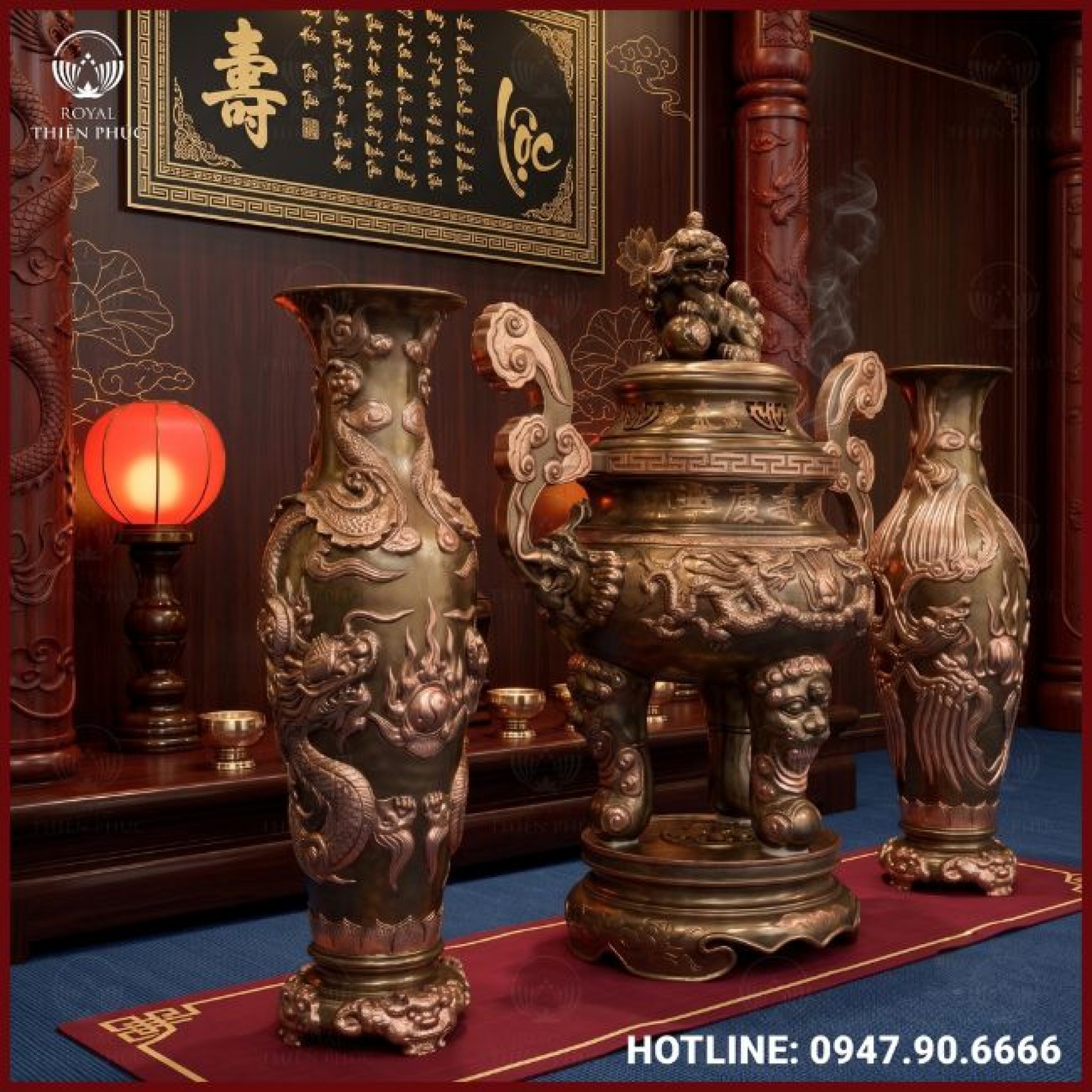Đỉnh đồng đỏ cỡ lớn chạm song long quai mây hóa long
